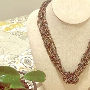 Beaded knot necklace, golds, teal and black